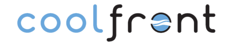 Coolfront logo and tagline (the zero-cost, flat rate pricing app) on a light blue sky with fluffy clouds.